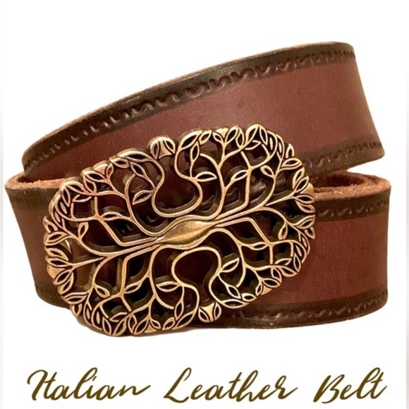 Italian leather belt brown ornate buckle made in USA large EUC - Picture 5 of 9